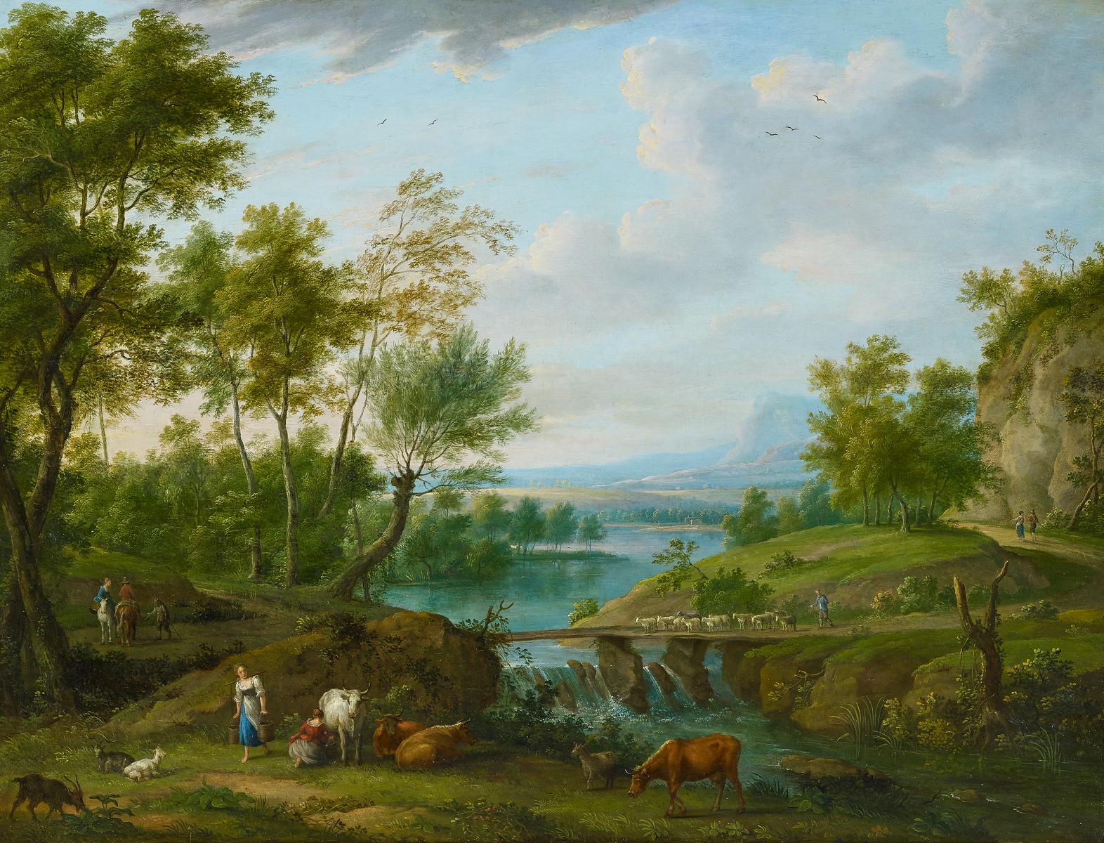 Henricus Josephus Antonissen - Weite Flusslandschaft mit Reitern und Hirten mit ihrem Vieh, 58461-8, Van Ham Kunstauktionen