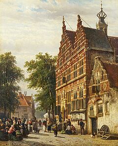 Cornelis Springer - Die Rathausstrasse in Naarden mit Markt, 79845-1, Van Ham Kunstauktionen