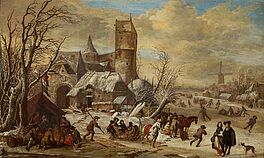 Gerrit Battem - Winterlandschaft mit Personen vor einem Zelt in einem Pferdeschlitten und auf dem Eis, 75035-1, Van Ham Kunstauktionen