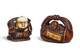 Zwei Netsuke Fukusuke und Hotei in seinem Sack, 65081-14, Van Ham Kunstauktionen