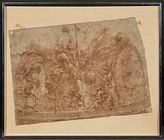 Domenico I Piola - Grosse dekorative Entwurfsskizze mit dem Bild des Heiligen Lukas und der Jungfrau Maria, 77740-51, Van Ham Kunstauktionen