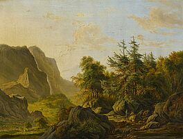 Jacobus Theodorus Abels - Hochgebirgslandschaft mit Jaegern im Abendlicht, 66040-5, Van Ham Kunstauktionen