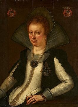 Gortzius Geldorp - Portraet von Anna Catharina Waldbott von Bassenheim zu Gudenau 1587 - 1666 im weissen Mieder und schwarzem Mantel nebst kostbarem Perlenschmuck, 76915-2, Van Ham Kunstauktionen