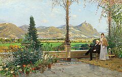 Hugo Muehlig und Adolf Lins - Portraet eines Ehepaares mit Hund auf einer Terrasse vor dem Panorama des Siebengebirges, 80136-1, Van Ham Kunstauktionen