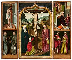 Kastilische Schule - Triptychon Auf der zentralen Tafel der gekreuzigte Christus auf Golgotha vor Landschaftshintergrund von seiner Mutter Maria dem Evangelisten Johannes und der Heiligen Maria Magdalena, 80264-1, Van Ham Kunstauktionen