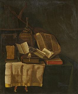 Pseudo-Roestraten - Vanitas-Stillleben mit Globus Laute einer Korbflasche Buechern und einem Manuskript, 68001-30, Van Ham Kunstauktionen