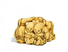 Netsuke Lachender Hotei mit zwei Karako, 66362-65, Van Ham Kunstauktionen