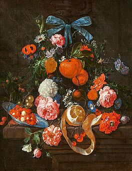 Cornelis de Heem - Stillleben mit Orangen Rosen und Blumen auf einem Steinvorsprung mit Beeren in einer Wanli-Schale einer geschaelten Zitrone Kirschen und Stachelbeeren, 76093-2, Van Ham Kunstauktionen