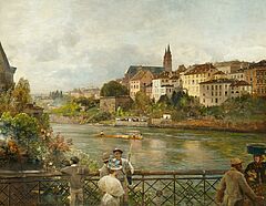 Oswald Achenbach - Blick von der Mittleren Rheinbruecke auf das Basler Muenster, 79876-8, Van Ham Kunstauktionen