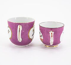Meissen - Eine Tasse und Untertasse mit Wachteldekor amp zwei Tassen mit Purpurfond und Vogeldekoren, 76821-189, Van Ham Kunstauktionen