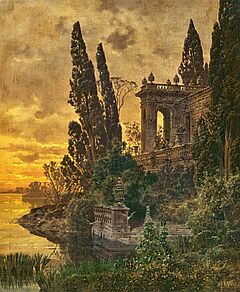 Ferdinand Knab - Abendliche Palast-Architektur am See mit Musikern, 79346-1, Van Ham Kunstauktionen