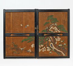 Paar fusuma-Holztueren mit grosser Kiefer Kirsche und Voegeln, 65127-2, Van Ham Kunstauktionen