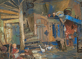 Carl Ruedell - Interieur eines Bauernhauses mit Gaensen und Kindern, 69491-1, Van Ham Kunstauktionen