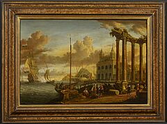 Jacobus Storck - Schiffe bei einer mediterranen Hafenstadt mit der Ansicht der Loggia delle Benedizioni in Rom, 69901-1, Van Ham Kunstauktionen