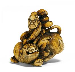 Netsuke Gyoja Busho mit Schlange einen Tiger bezwingend, 66362-13, Van Ham Kunstauktionen