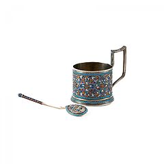 Gustav Gustavovich Klingert - Teeglashalter und Loeffel mit Cloisonne-Dekor, 79903-1, Van Ham Kunstauktionen