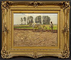 Hugo Muehlig - Fruehlingslandschaft am Niederrhein mit pfluegendem Bauern, 73080-1, Van Ham Kunstauktionen