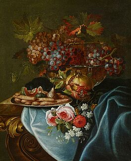 Maximilian Pfeiler - Prunkvolles Stillleben mit Trauben Granatapfel Rosen und Gebaeck, 67154-1, Van Ham Kunstauktionen