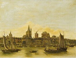 Deutscher Meister - Alte Ansicht von Koeln mit Blick ueber den Rhein auf den belebten Hafen Gross Sankt Martin und den unvollendeten Dom ueber den Daechern, 66214-2, Van Ham Kunstauktionen